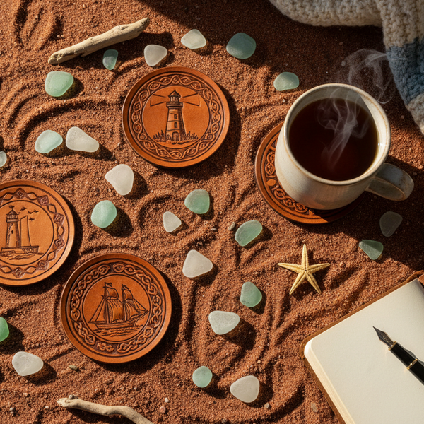 Coasters with lighthouse design on a sandy surface with a cup of coffee and seashells.